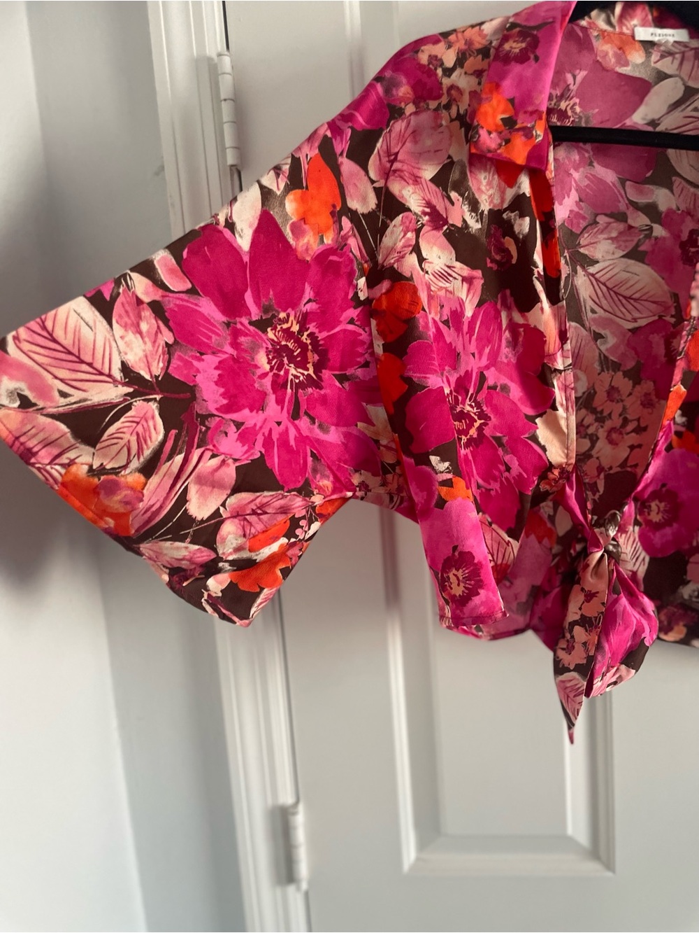 Pleione Hot Pink Floral Tie-Front Blouse - Picture 2 of 4